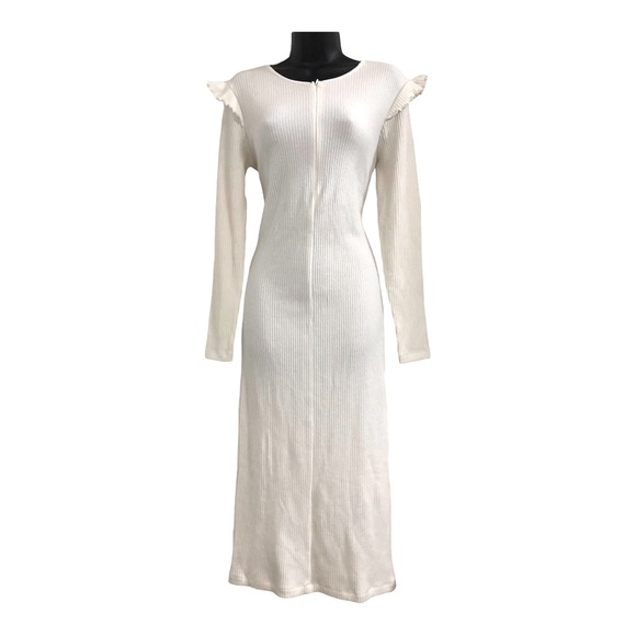 Zara offwhite zip front ruffled shoulder long sleeve sweater dress size large - Picture 1 of 16